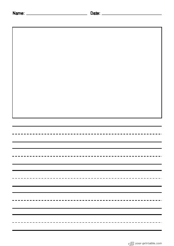 Lined Paper for 2nd Grade With Name and Date Black 3/4 inch With Dashed Line and Picture Box - 10070811