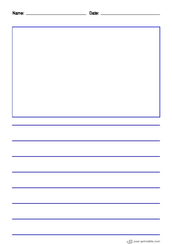 Lined Paper for 2nd Grade With Name and Date Blue 3/4 inch With Picture Box for kids - 10070826