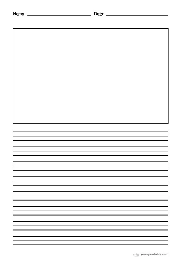 Lined Paper for 3rd Grade With Name and Date Black 3/8 inch With Picture Box - 10070909