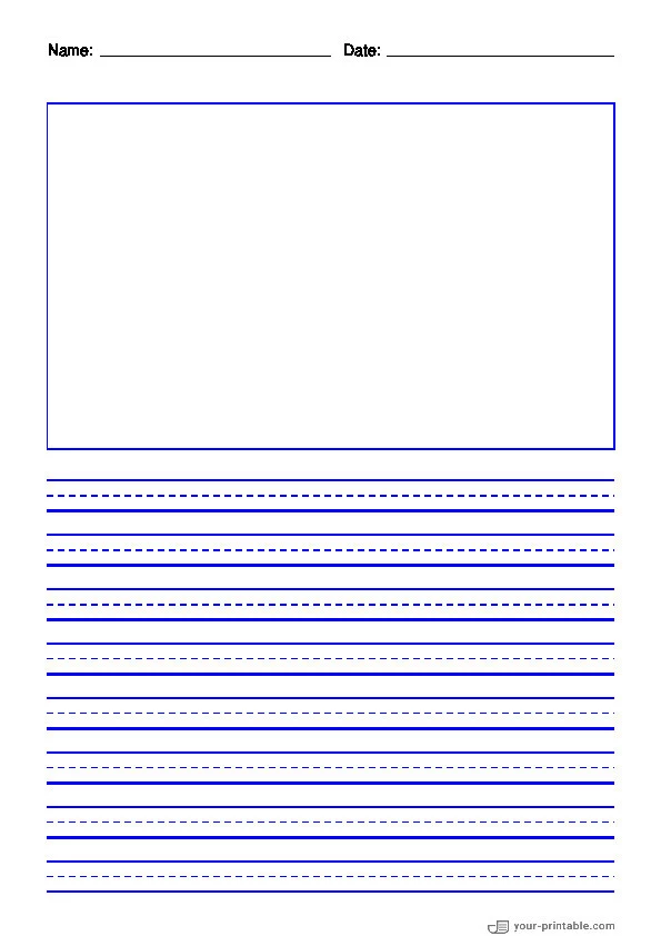 Lined Paper for 3rd Grade With Name and Date Blue 3/8 inch With Dashed Line and Picture Box - 10070900