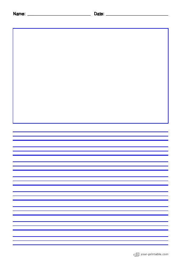 Lined Paper for 3rd Grade With Name and Date Blue 3/8 inch With Picture Box - 10070908