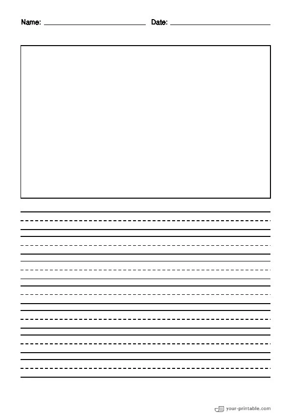 Lined Paper for Kindergarten With Name and Date Black 12.7 mm With Dashed Line and Picture Box - 10070717