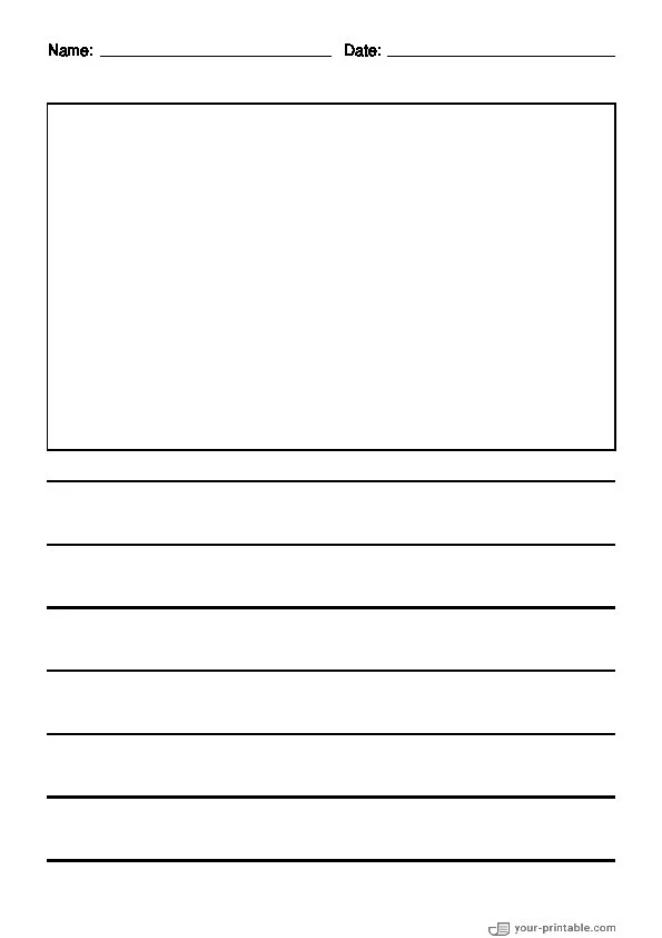 Papel rayado para preescolar con nombre y fecha en negro de 20mm con casilla para imagen para niños. - 10070705