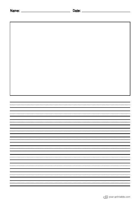 Papel rayado para preescolar con nombre y fecha negro 8mm con línea punteada y caja de imagen - 10070669