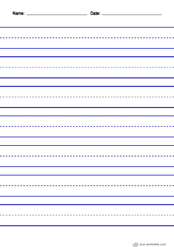 Lined Paper for Pre School With Name and Date Blue 1 inch With Dashed Line - 10070626