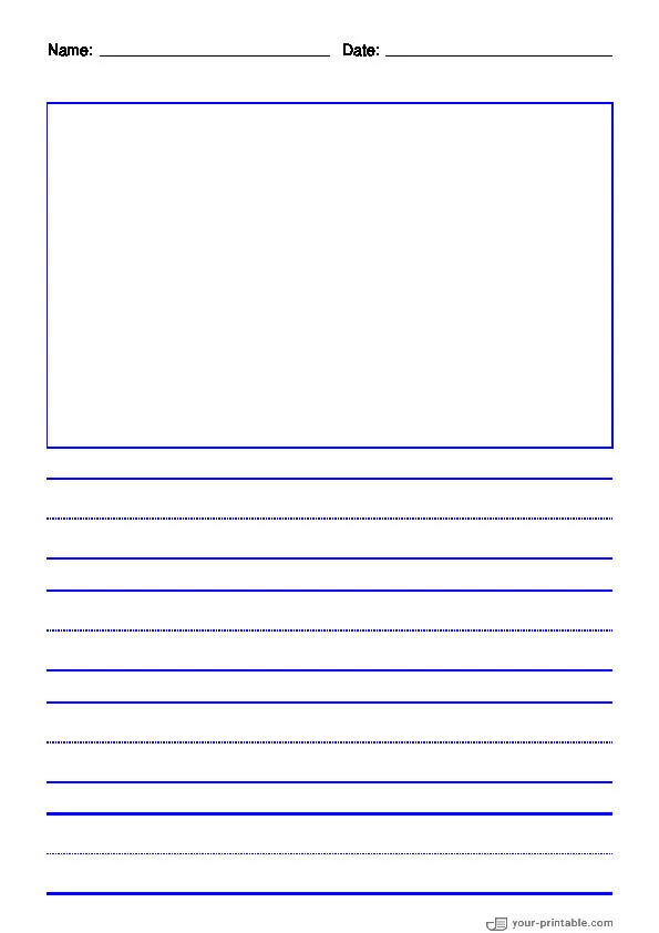 Lined Paper for Pre School With Name and Date Blue 1 inch With Dotted Line and Picture Box - 10070660