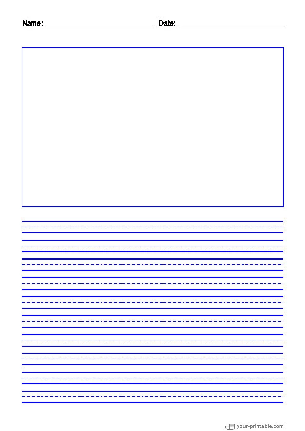 Papel rayado para preescolar con nombre y fecha Azul 8mm con línea punteada y caja de imagen - 10070668