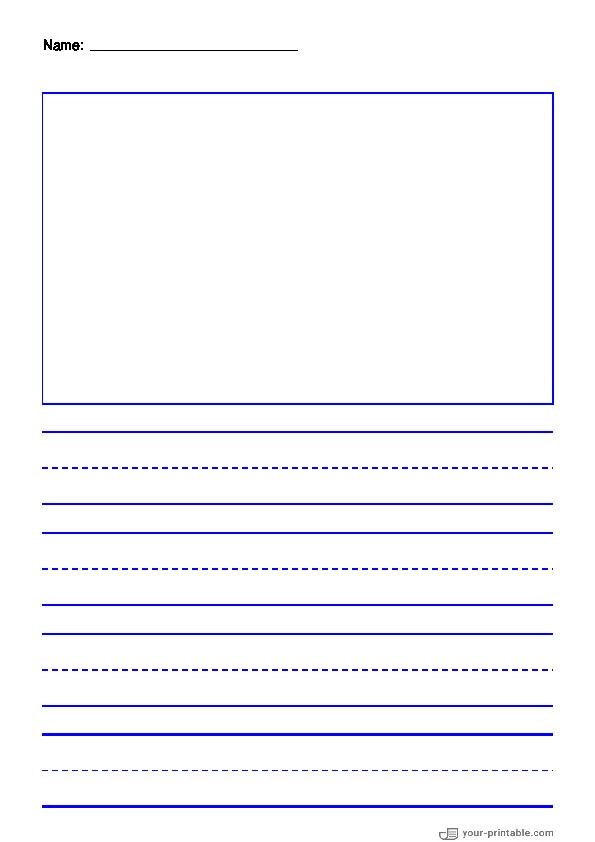 Lined Paper for Pre School With Name Blue 1 inch With Dashed Line and Picture Box - 10070612