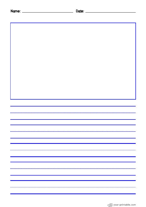Lined Paper for Second Grade With Name and Date Blue 3/4 inch With Dotted Line and Picture Box - 10070814