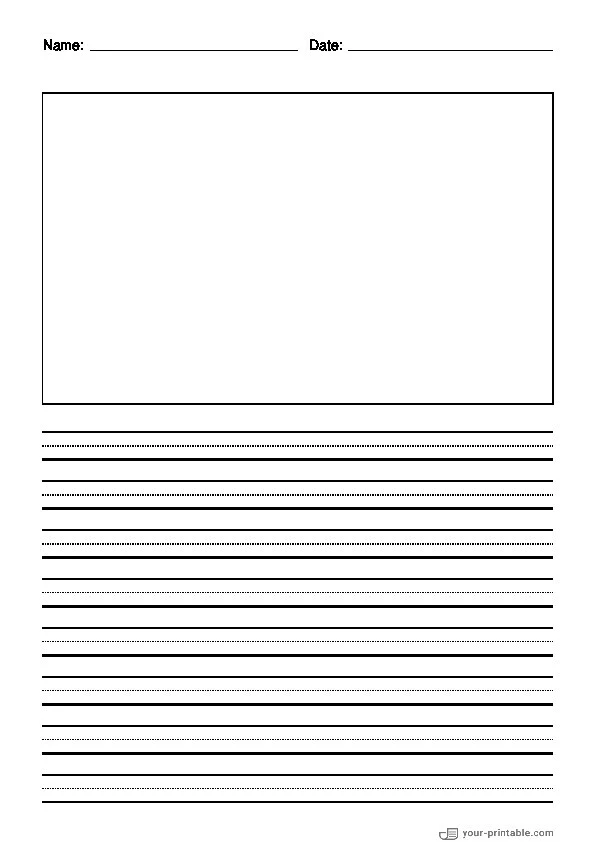 Lined Paper for Third Grade With Name and Date Black 3/8 inch With Dotted Line and Picture Box - 10070905