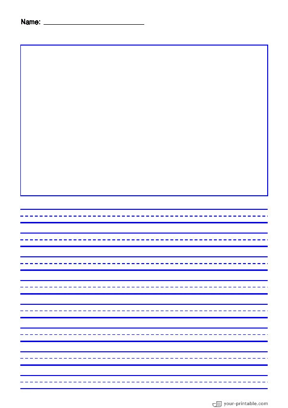 Lined Paper for Third Grade With Name Blue 3/8 inch With Dashed Line and Picture Box - 10070880