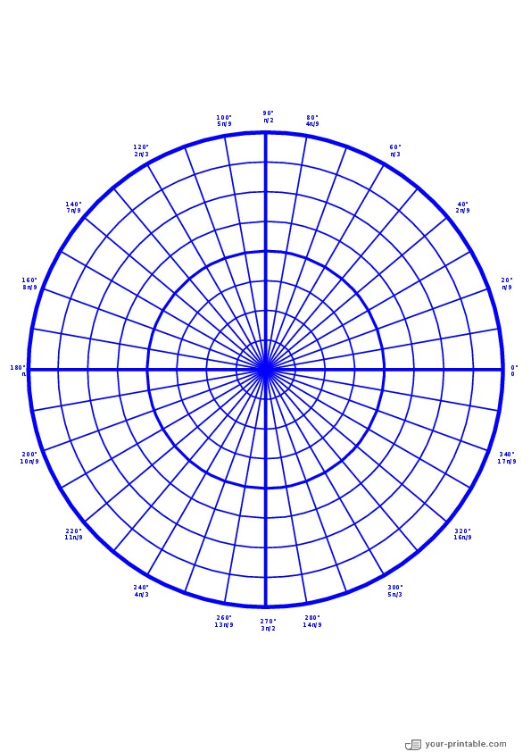 Polar Graph Paper 10 Degrees with Degrees and Radians blue - 10073720
