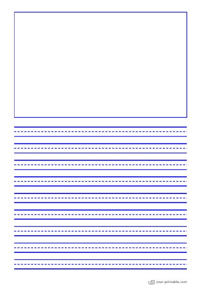 Lined Paper for 3rd Grade Blue 3/8 inch With Dashed Line and Picture Box Template