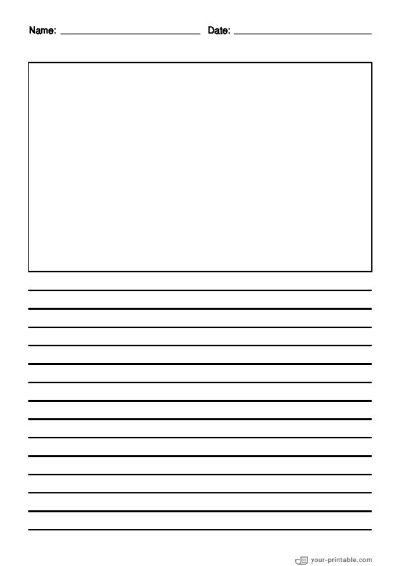 Lined Paper for 3rd Grade With Name and Date Black 3/8 inch With Picture Box for kids Template