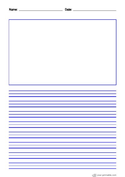 Lined Paper for 3rd Grade With Name and Date Blue 3/8 inch With Picture Box Template