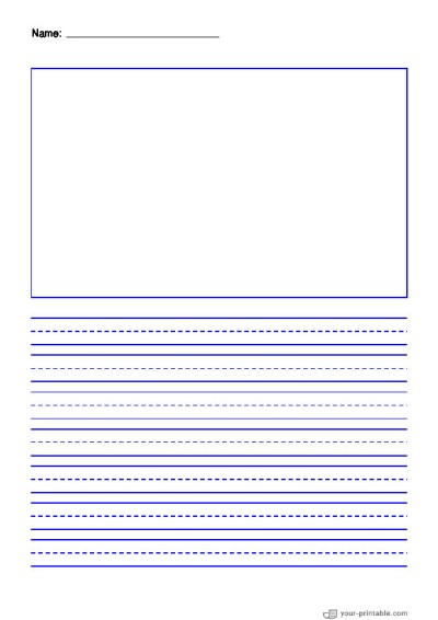 Lined Paper for Kindergarten With Name Blue 12.7 mm With Dashed Line and Picture Box Template