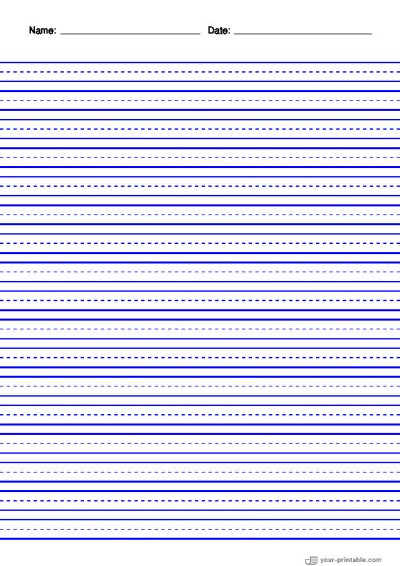 Lined Paper for Pre School With Name and Date Blue 10mm With Dashed Line Template