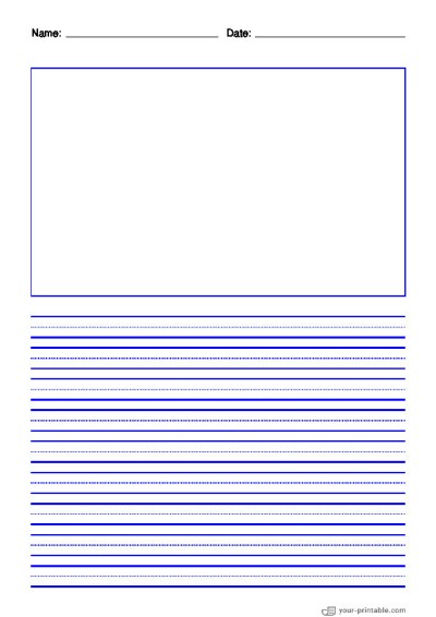 Lined Paper for Pre School With Name and Date Blue 10mm With Dotted Line and Picture Box Template