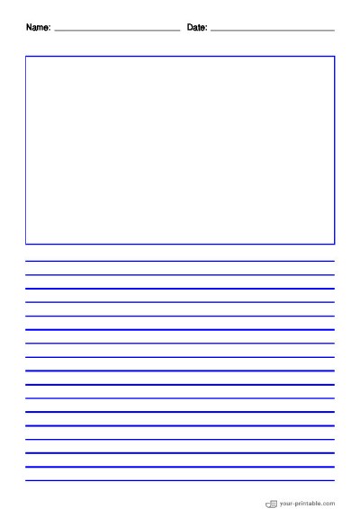 Lined Paper for Pre School With Name and Date Blue 8mm With Picture Box for kids Template