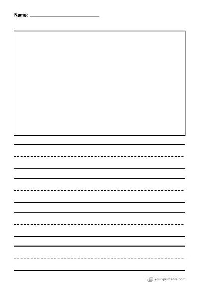 Lined Paper for Pre School With Name Black 1 inch With Dashed Line and Picture Box Template