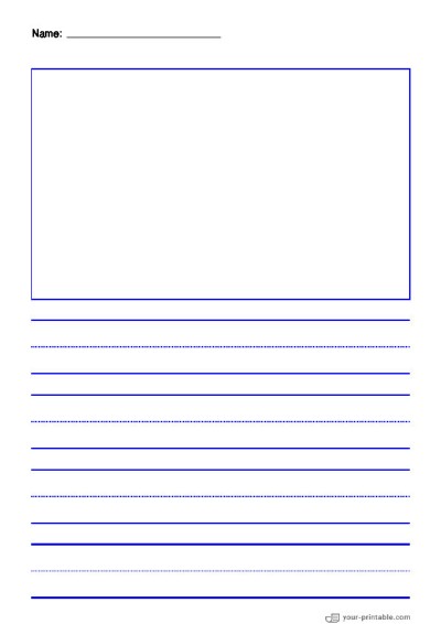 Lined Paper for Pre School With Name Blue 1 inch With Dotted Line and Picture Box Template