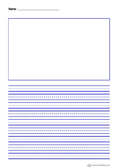 Lined Paper for Pre School With Name Blue 10mm With Dashed Line and Picture Box Template