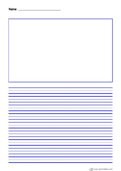 Lined Paper for Pre School With Name Blue 10mm With Dotted Line and Picture Box Template