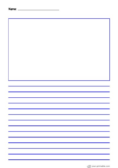 Linienpapier für den Kindergarten mit Namen Blau 10mm mit Bildfeld für Kinder Vorlage