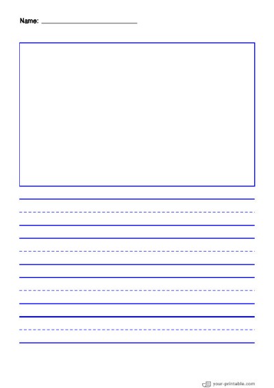 Lined Paper for Pre School With Name Blue 20mm With Dashed Line and Picture Box Template