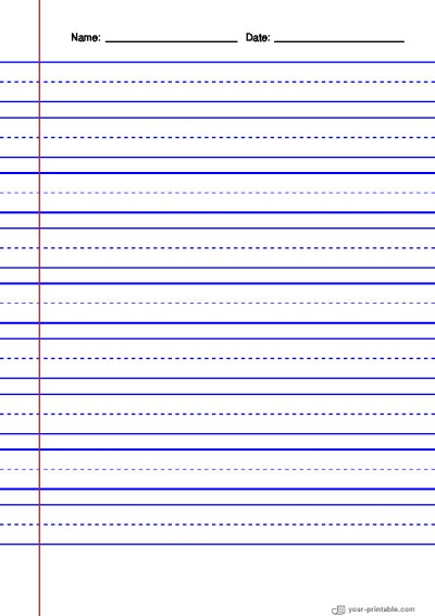 Lined Paper for Second Grade Blue 3/4 inch With Dashed Line and Margin Template