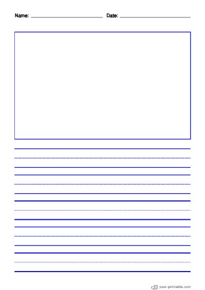 Lined Paper for Second Grade With Name and Date Blue 3/4 inch With Dotted Line and Picture Box Template