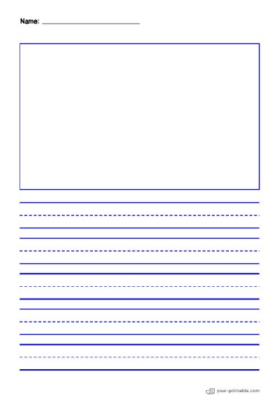 Lined Paper for Second Grade With Name Blue 3/4 inch With Dashed Line and Picture Box Template