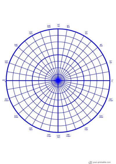 Polar Graph Paper 10 Degrees with Degrees and Radians blue Template